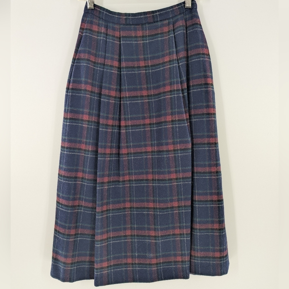 L.L. Bean VTG 100% Wool Plaid Midi Skirt Navy Red Green 6 Academia Collegiate